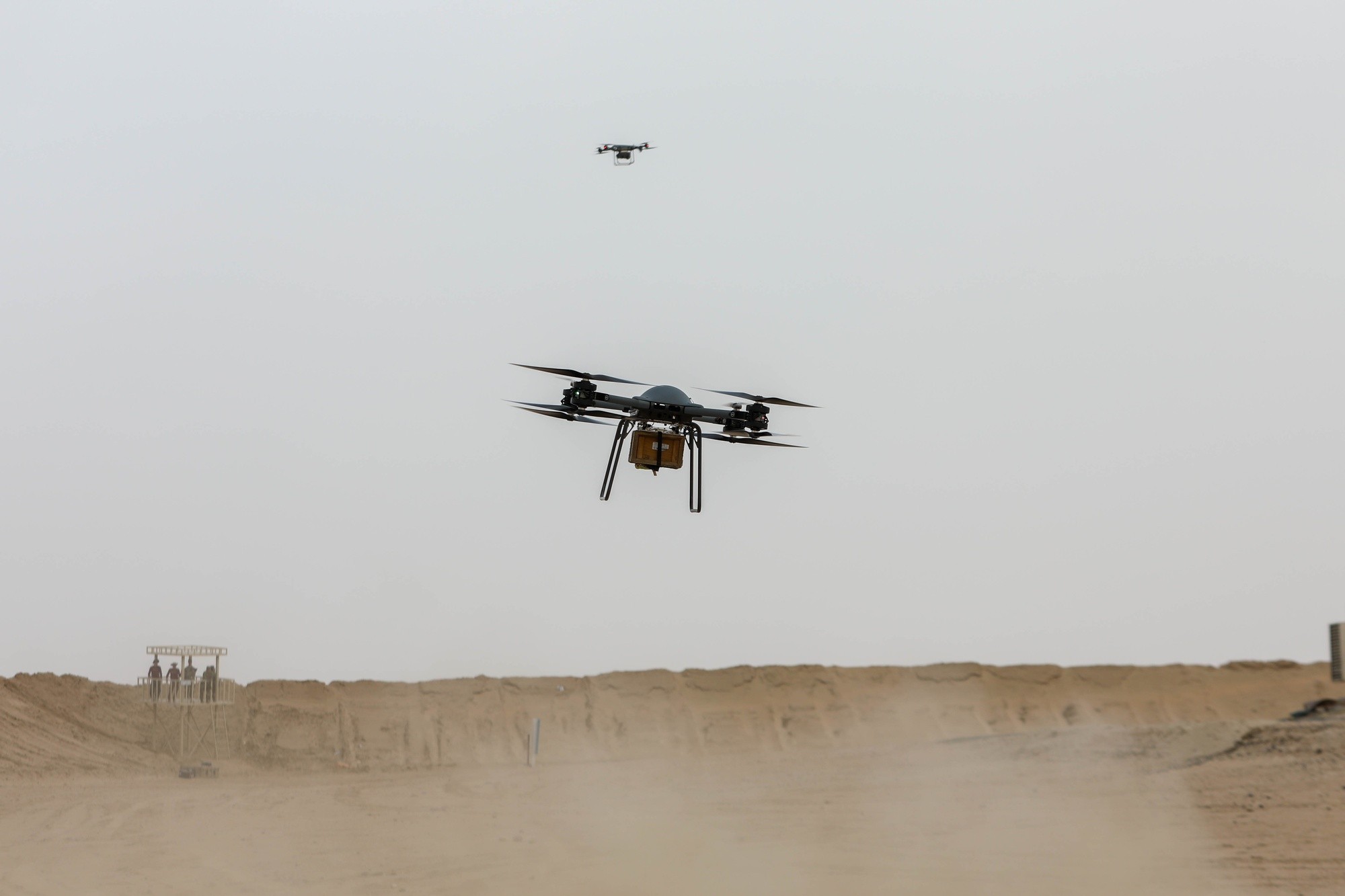 Drone flies over desert